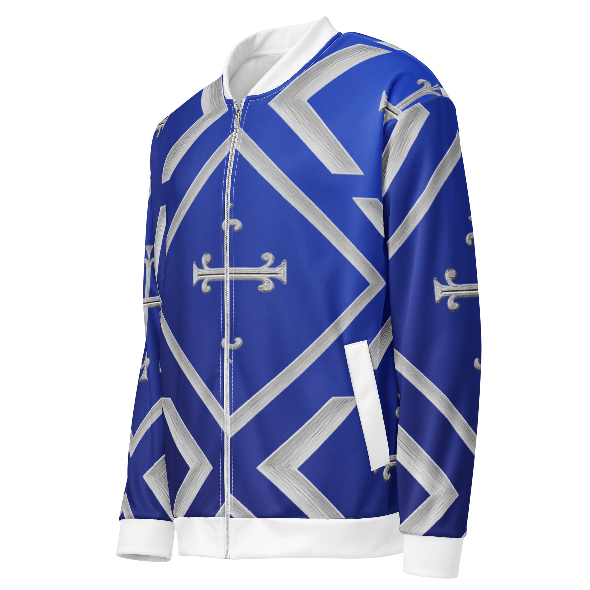 JBI Wing unisex bomber jacket royal blue and white back view
