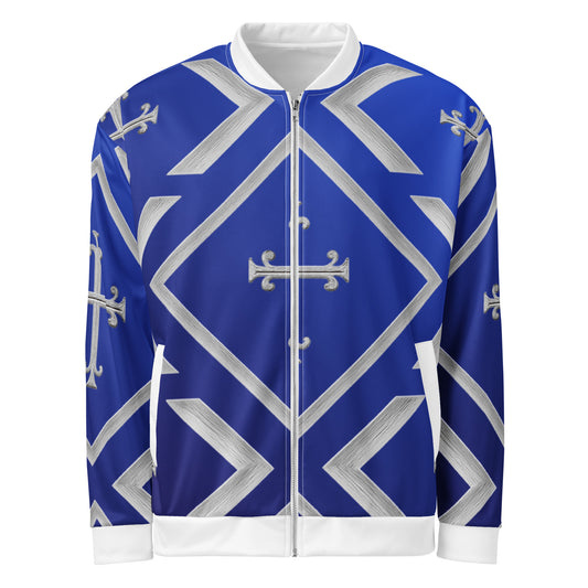 JBI Wing unisex bomber jacket royal blue and white front view
