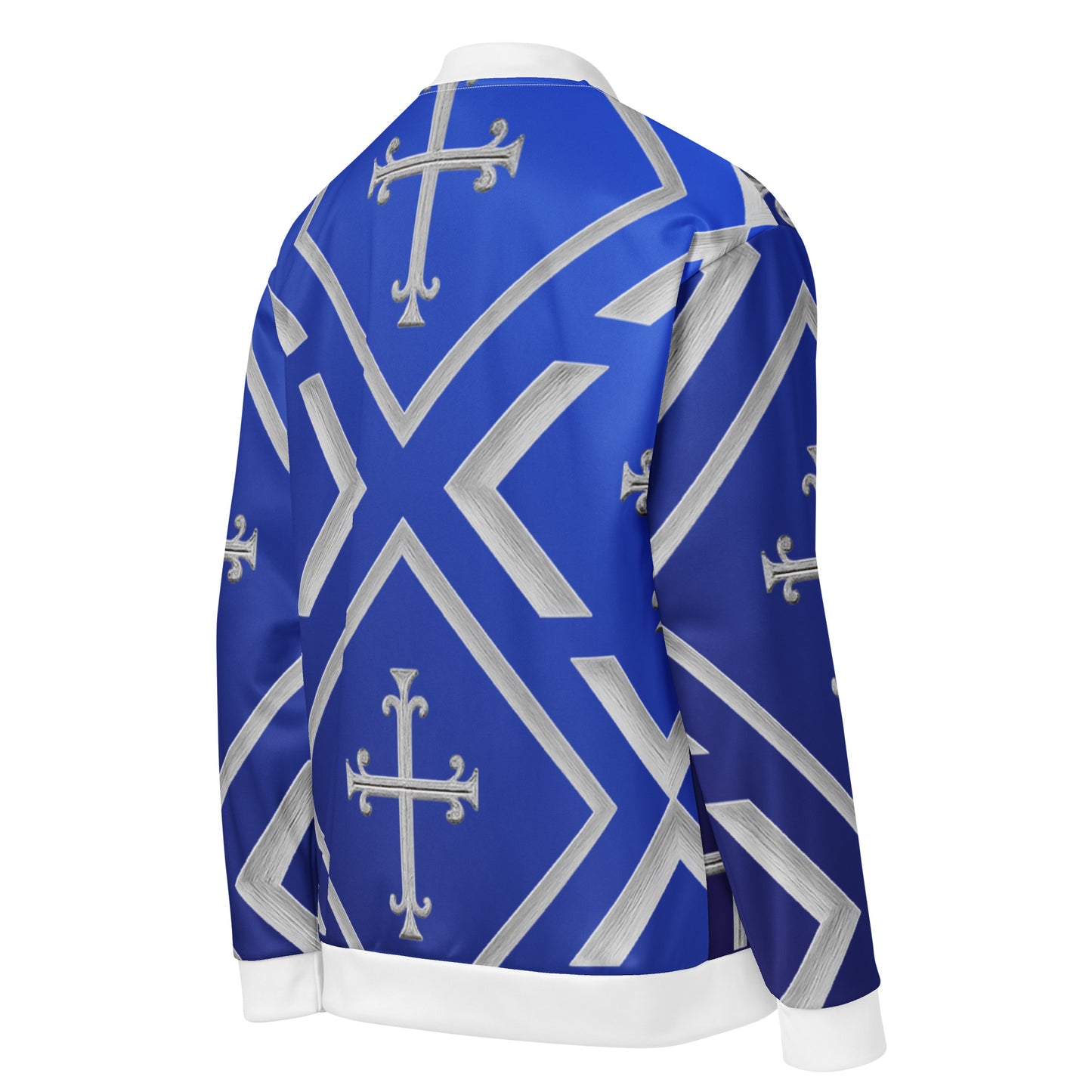 JBI Wing unisex bomber jacket royal blue and white side view
