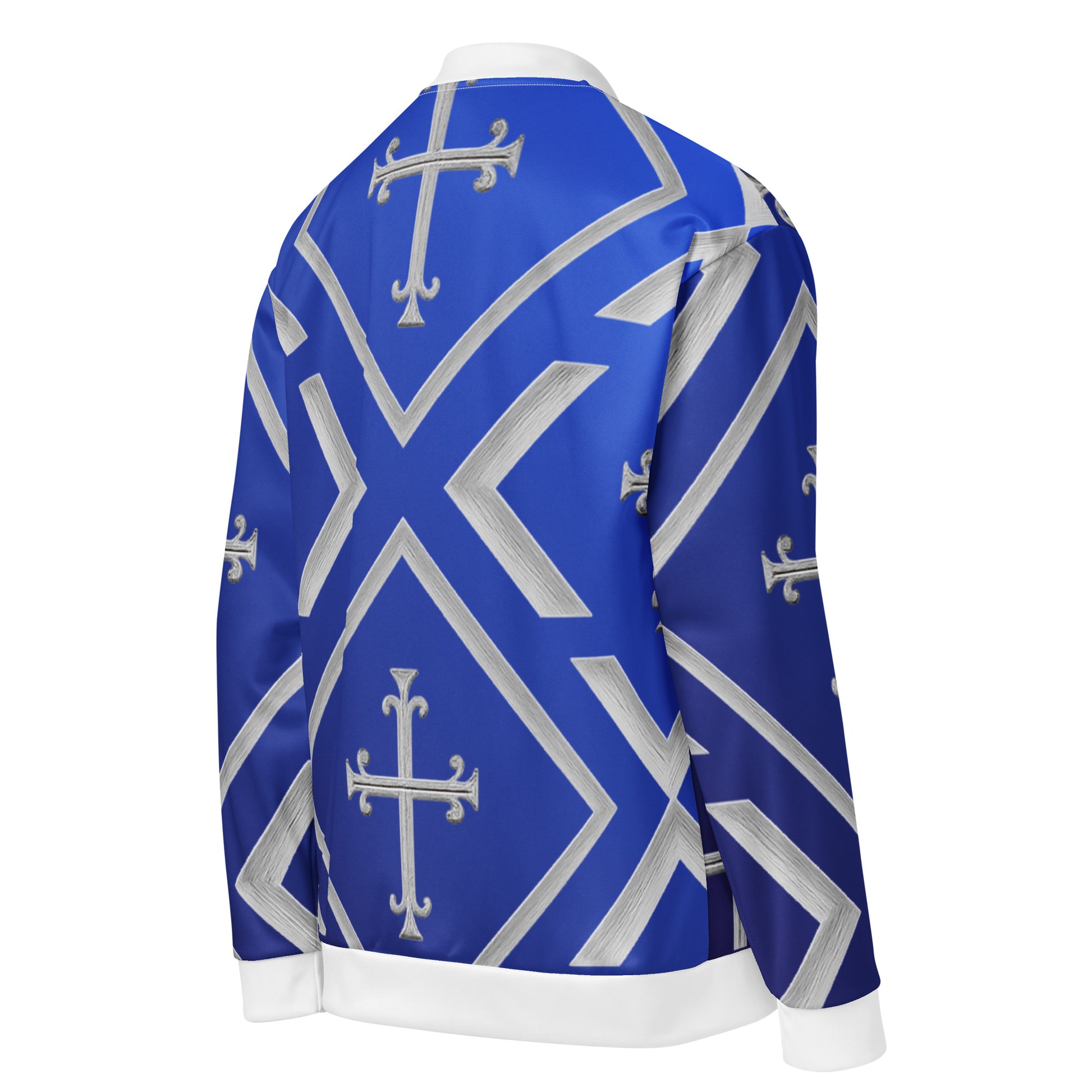 JBI Wing unisex bomber jacket royal blue and white side view
