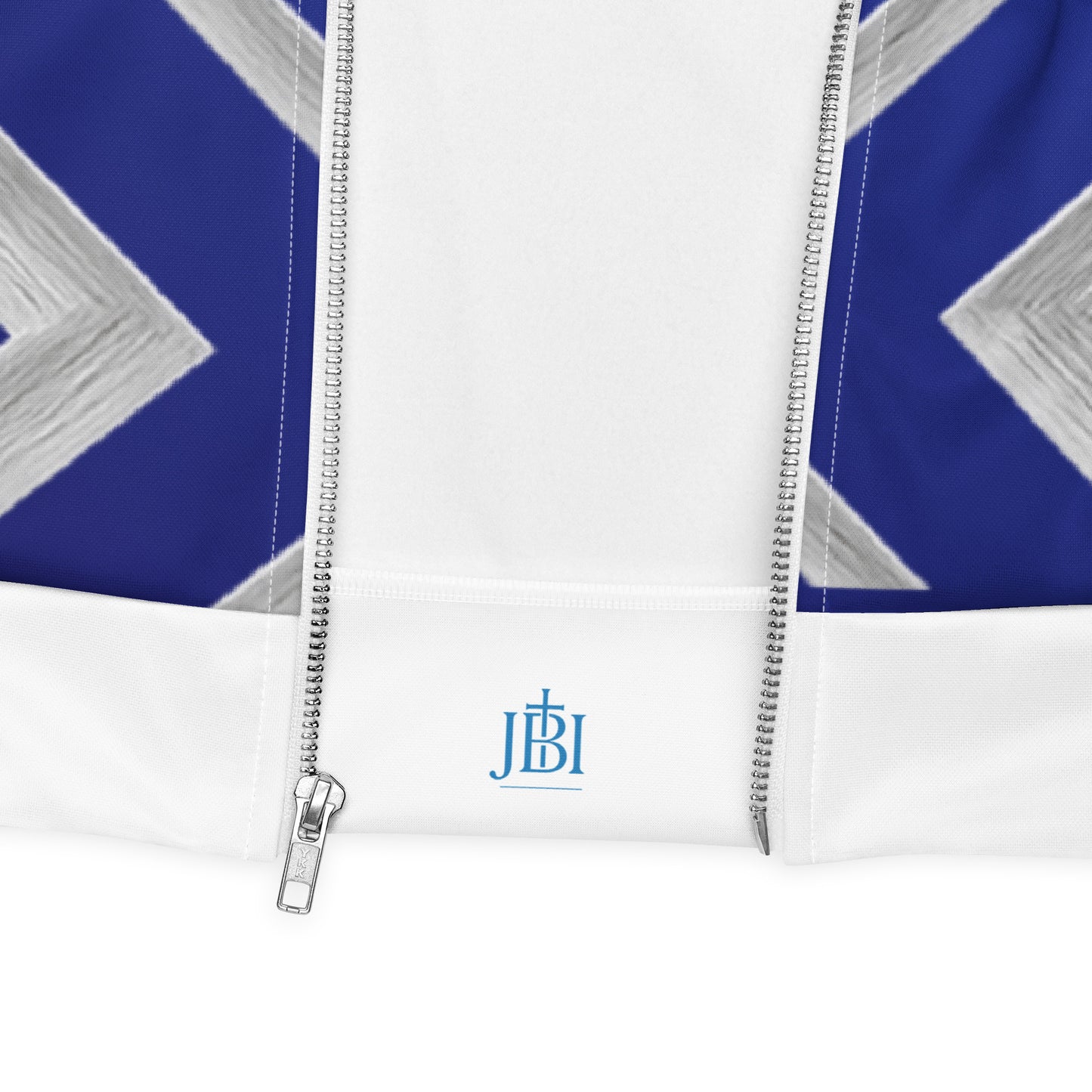 JBI Wing unisex bomber jacket royal blue and white zipper detail view 
