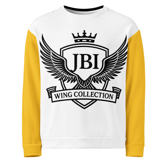JBI Wing unisex long sleeve crewneck white and yellow front view
