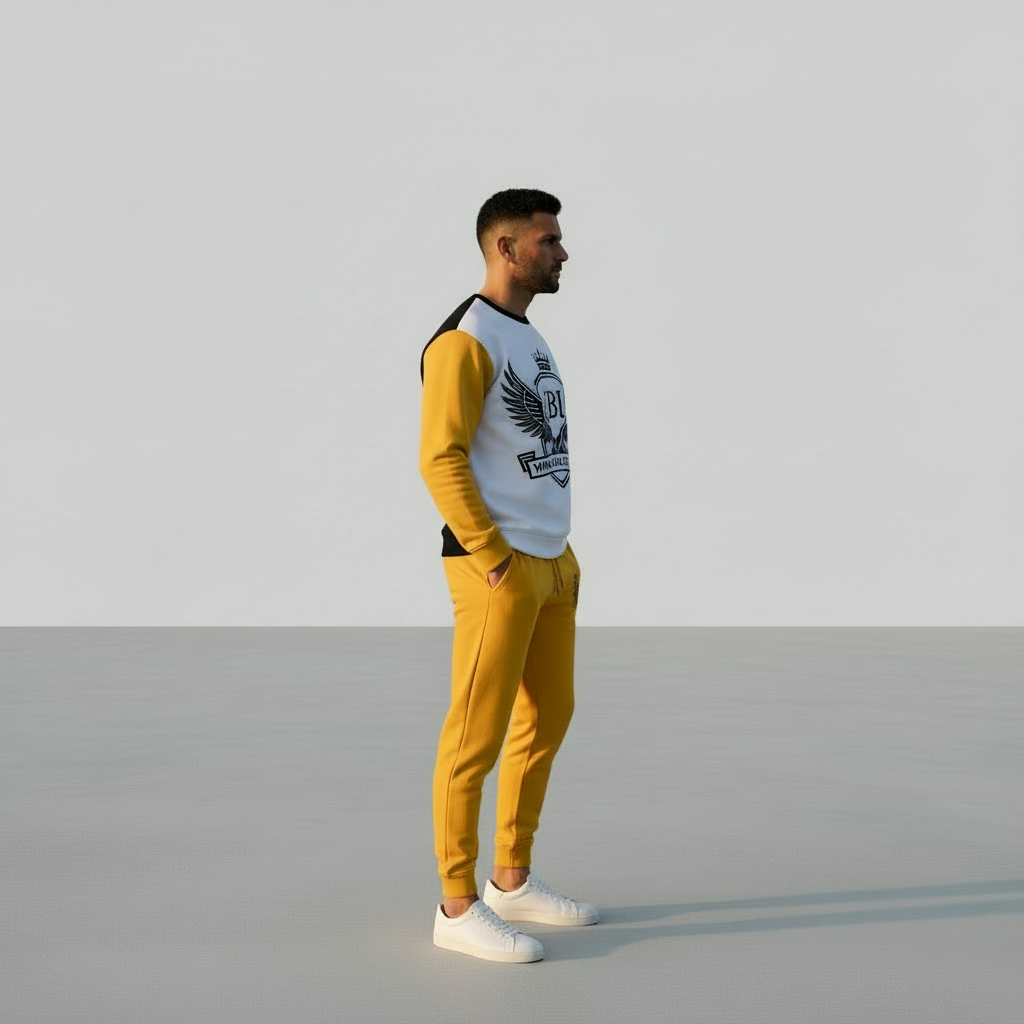 “Side view of JBI Wing Collection long sleeve with yellow sleeves and matching joggers, showing clean athletic fit.”