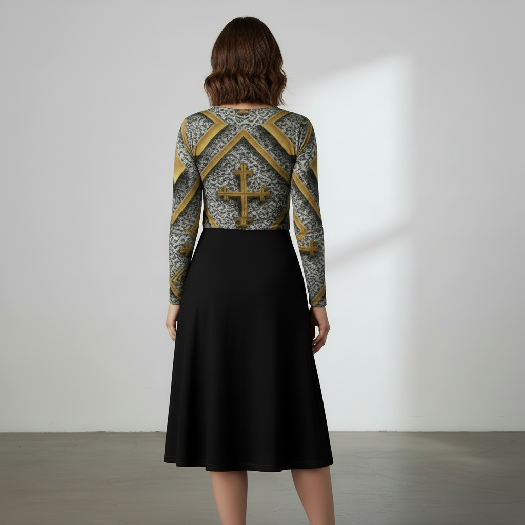“Back view showing the gold cross and geometric pattern of the dress.”