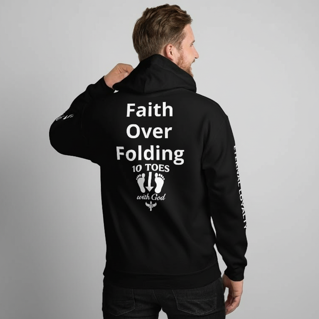 “Back view of black 10 Toes Down hoodie featuring Faith Over Folding text.”