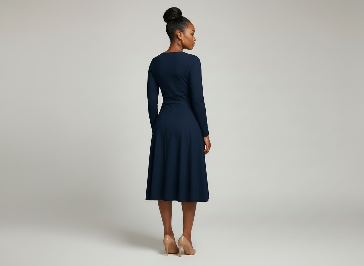 Navy long-sleeve JBI Wing Collection women’s midi dress with gold crest, fitted waist, flared skirt, and elegant Kingdomwear design.”