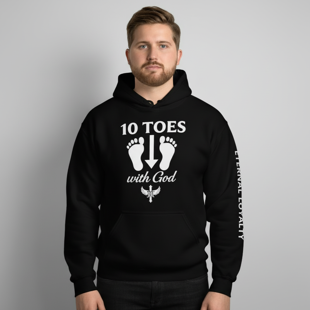 “Man wearing black 10 Toes Down with God hoodie, front view on neutral background.”