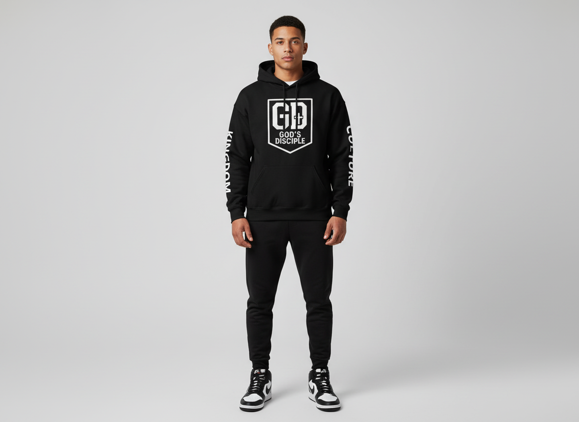“Man wearing black God’s Disciple hoodie with bold GD crest on the front.”