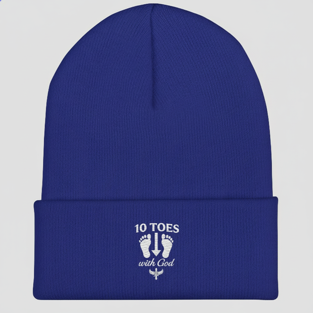 “Blue 10 Toes Down beanie with white embroidered feet and text logo.”
