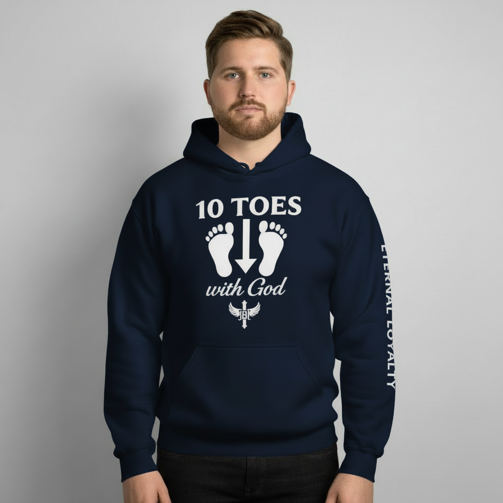 Studio shot of navy 10 Toes Down hoodie displayed on model with clean background.