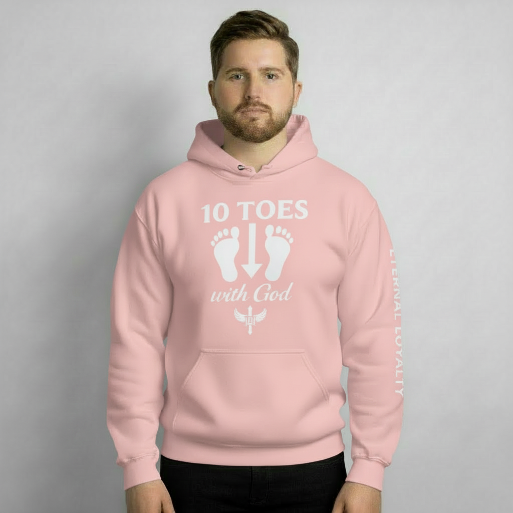 “Man wearing pink 10 Toes Down with God hoodie, studio front view.”