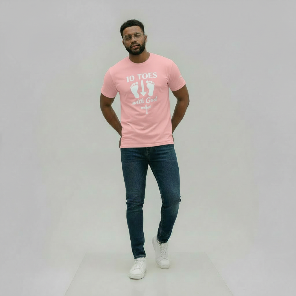 “Man wearing the 10 Toes Down With God pink t-shirt in studio setting.”