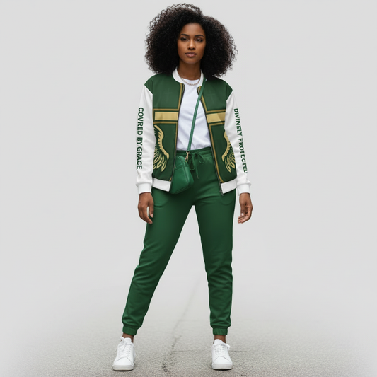 “Female model wearing a green ‘Protected by Grace’ bomber jacket featuring a white cross and wings emblem — premium faith-forward outerwear by JBI Apparel.”