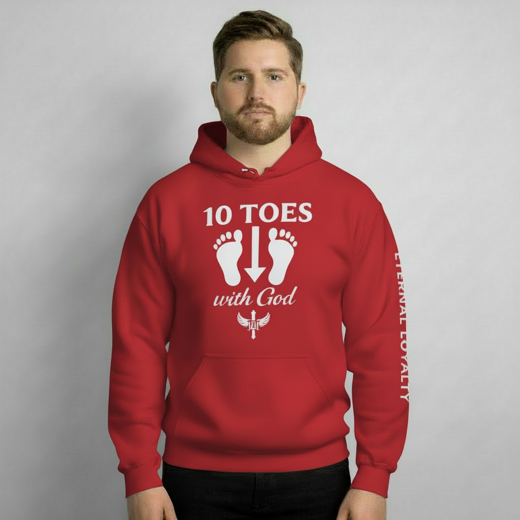 “Man wearing red 10 Toes Down with God hoodie, studio front view.”