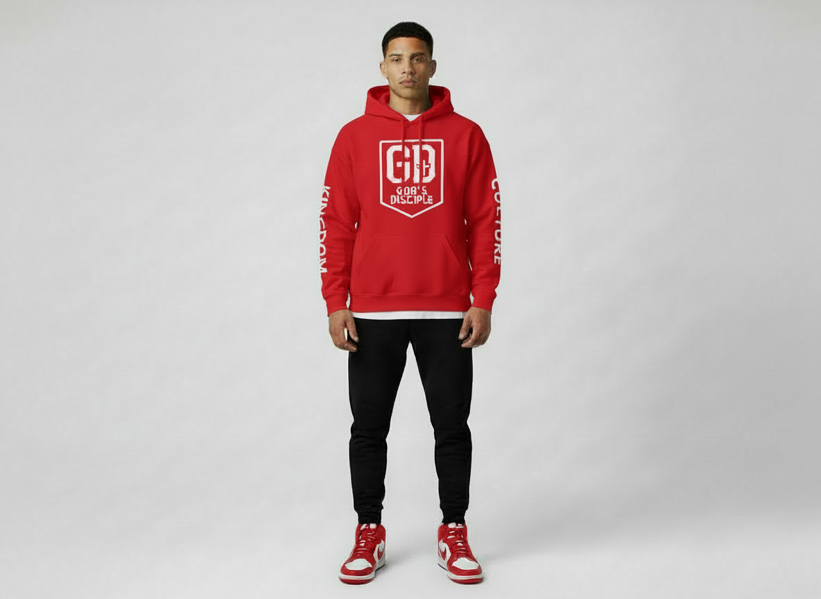 “Man wearing red God’s Disciple hoodie while walking in the city.”