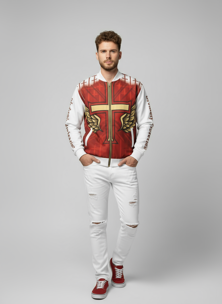Man wearing red and white cross jacket in full-body studio shot