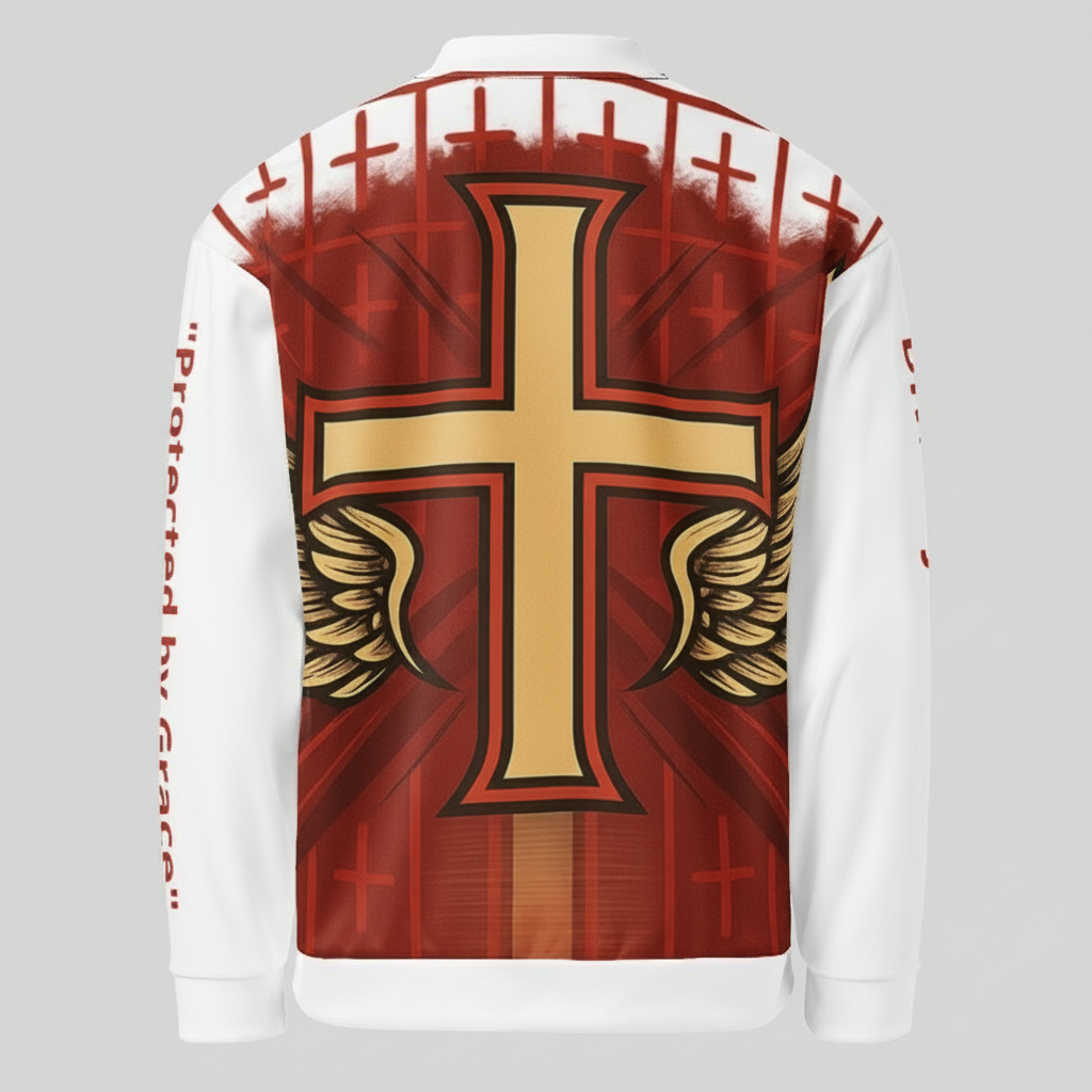 Back view of red and white cross jacket with large gold cross