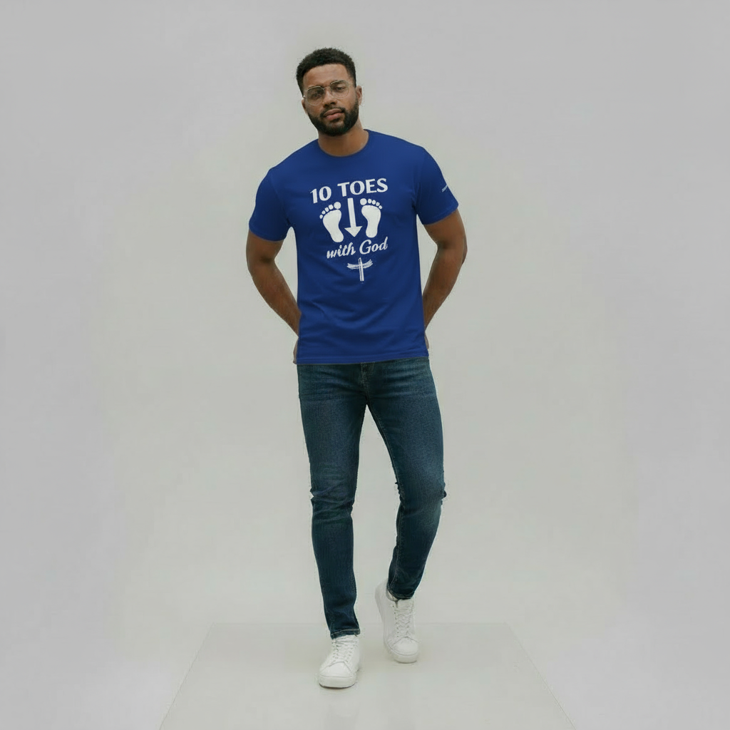 “Man wearing the 10 Toes Down With God royal blue t-shirt in studio lighting.”
