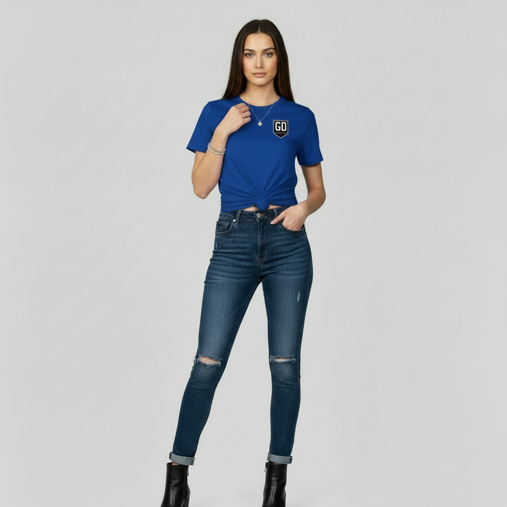 “Woman wearing royal blue JBI fitted tee, front view.”