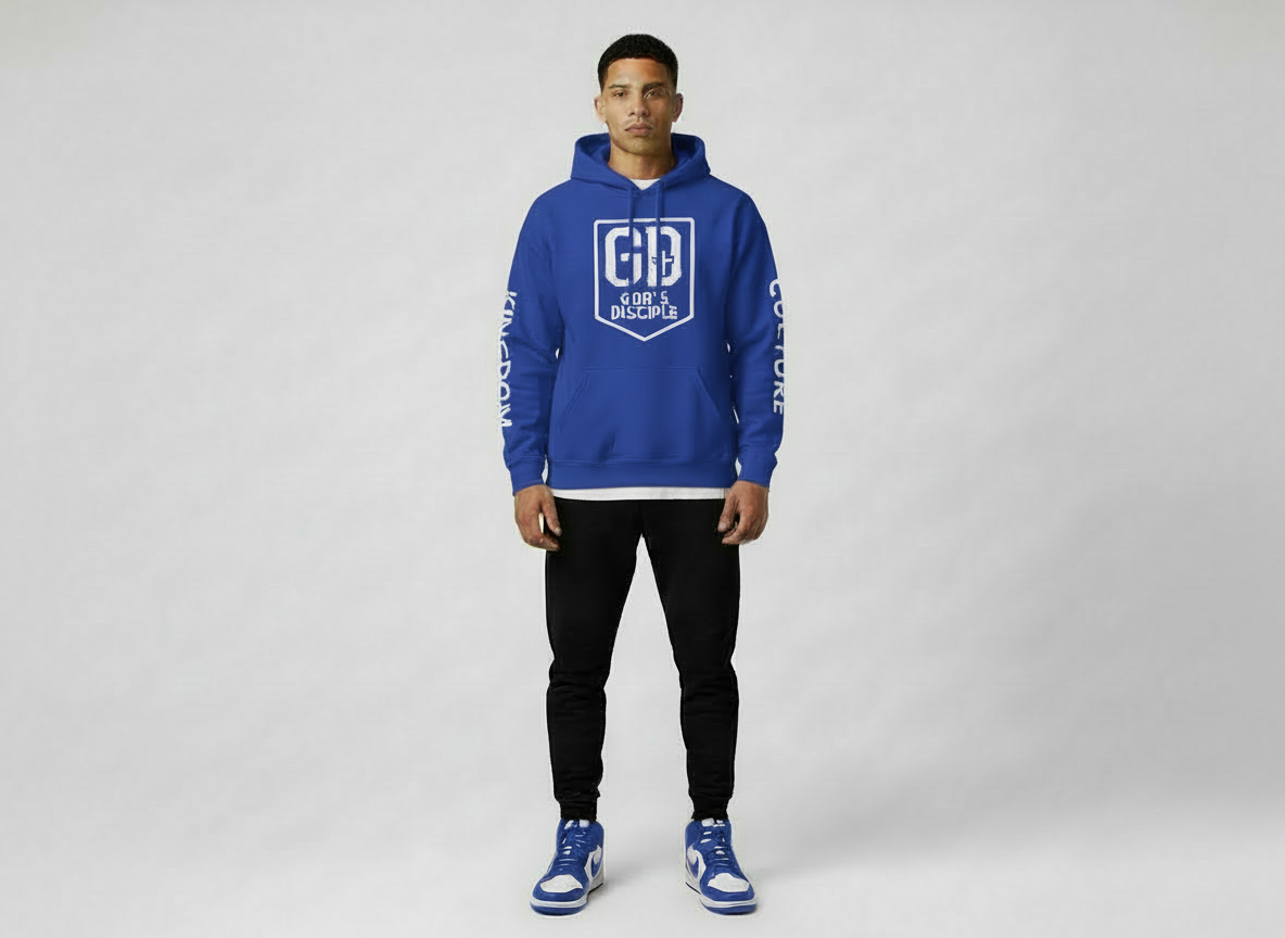 “Man wearing blue God’s Disciple hoodie in a casual outdoor setting.”