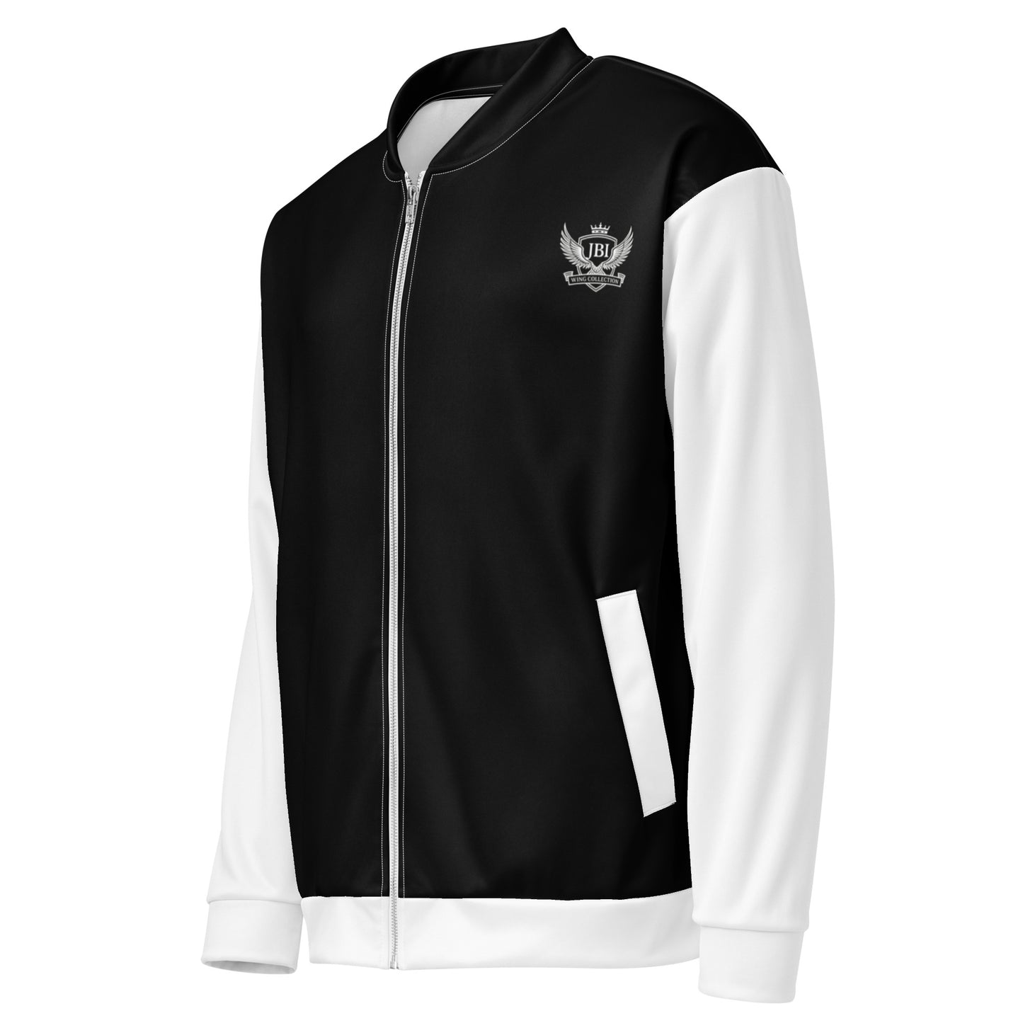 JBI Wing unisex bomber jacket black and white side view
