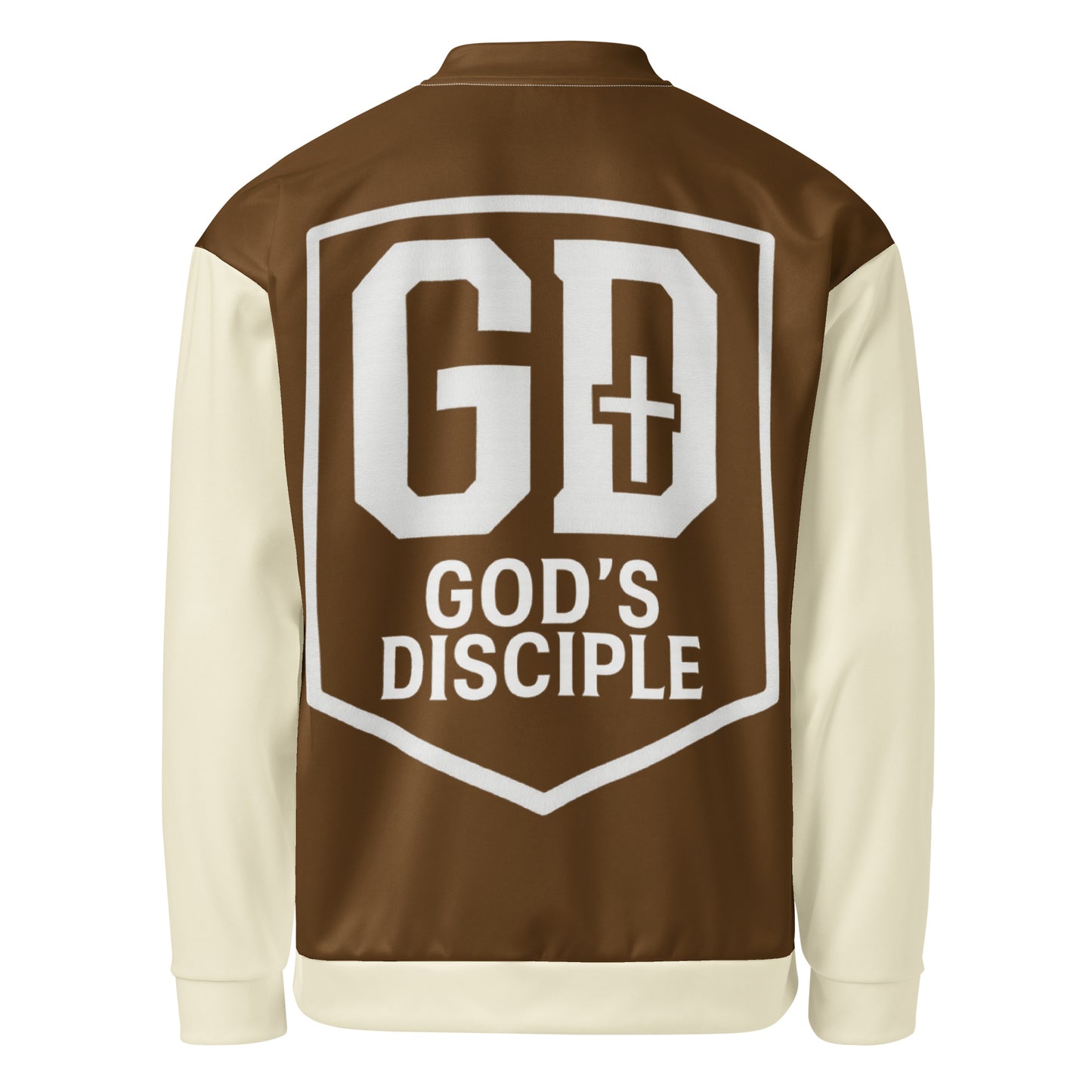 JBI Apparel unisex bomber jacket brown and cream back view