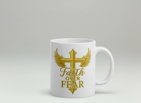 “Front view of a white ‘Faith Over Fear’ coffee mug with gold printed lettering.”