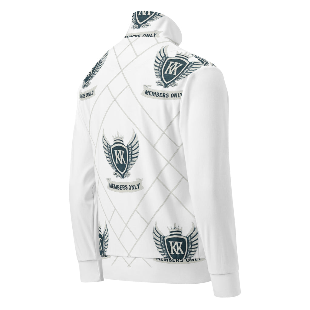 White zip-up jacket with large centered Kingdom Krew “Members Only” crest logo across the back, featuring wings and crown emblem.
