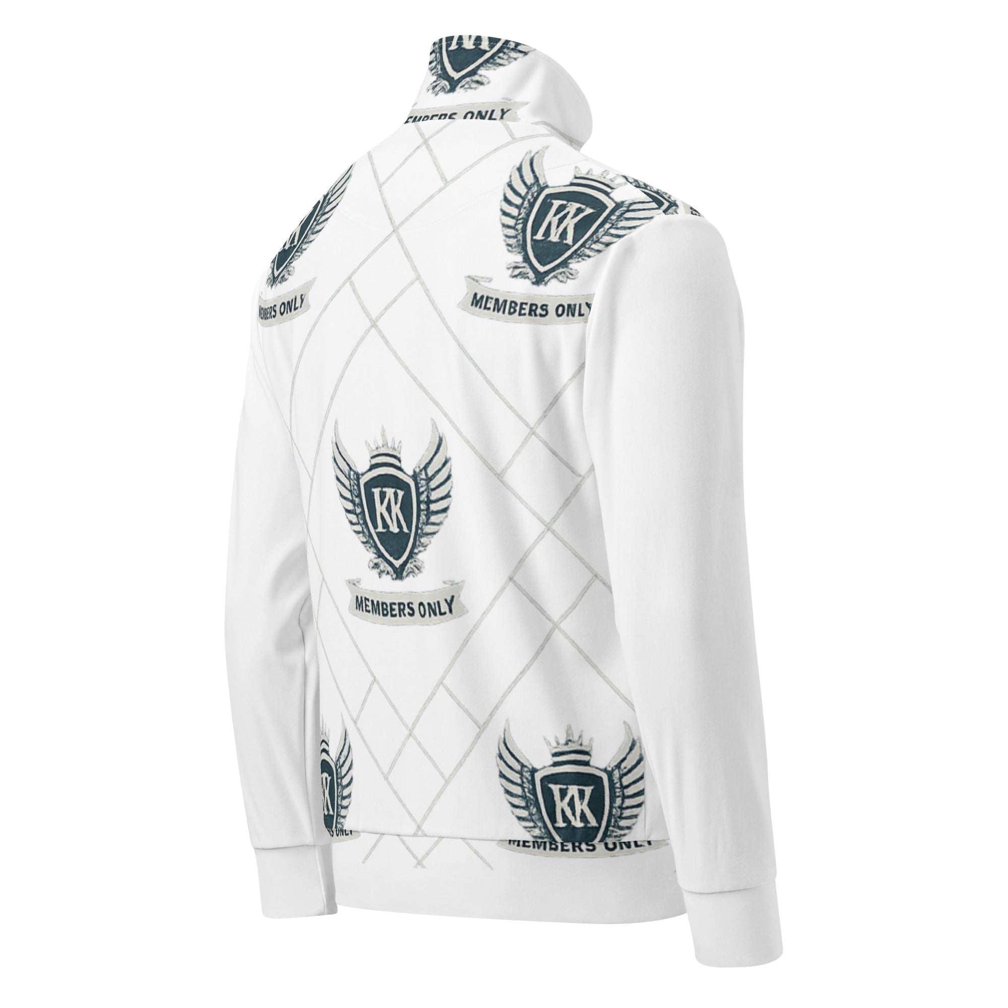 White zip-up jacket with large centered Kingdom Krew “Members Only” crest logo across the back, featuring wings and crown emblem.