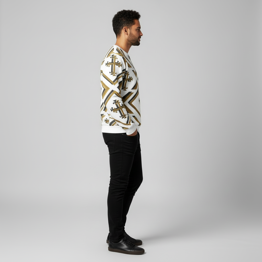 Side view “Man wearing a white and gold all-over print Kingdom Luxe Cross Sweatshirt, standing in a studio setting with front, side, and back angles, plus a lifestyle photo in a modern living room.”