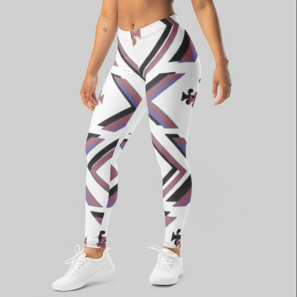  Kingdom Luxe Cross leggings with an all-over geometric cross print in purple, black, and white. The leggings are paired with a white sports bra, showcasing a premium, sleek fit."