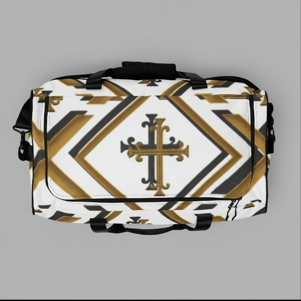 White duffel bag with a luxury gold-and-black cross pattern and geometric accents, shown from the front.