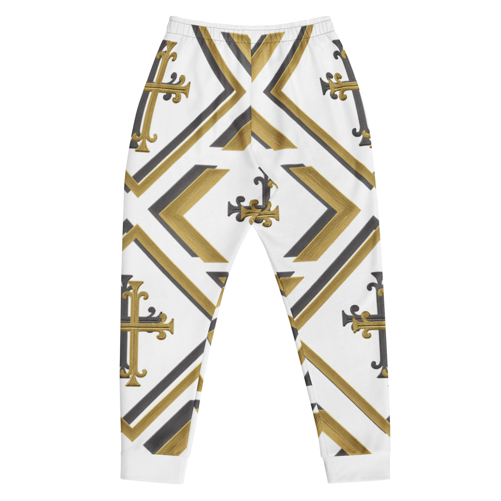 ““Kingdom Luxe cross joggers and jersey, back view showing detailed gold and black cross print."