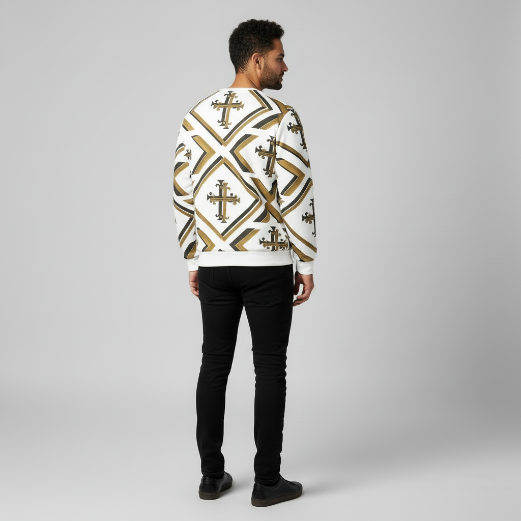 Backview “Man wearing a white and gold all-over print Kingdom Luxe hirtCross Sweats