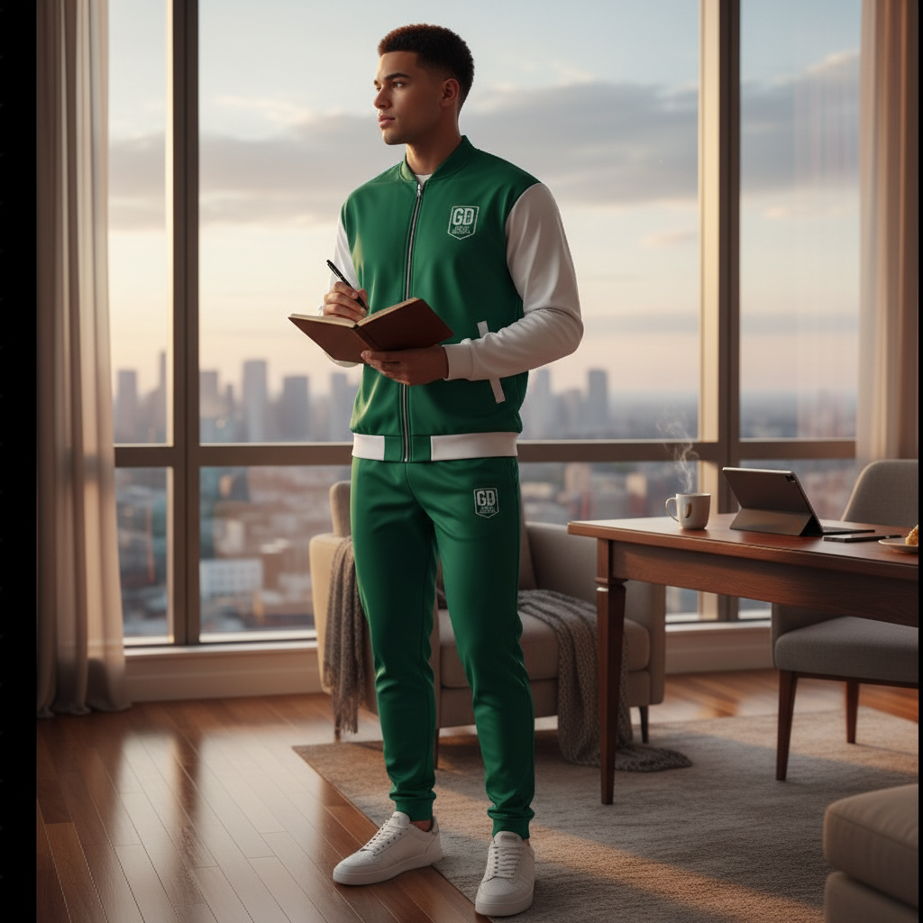 "God's Disciple Bomber Jacket in green with GD logo, paired with matching joggers, worn by model standing and holding a notebook."