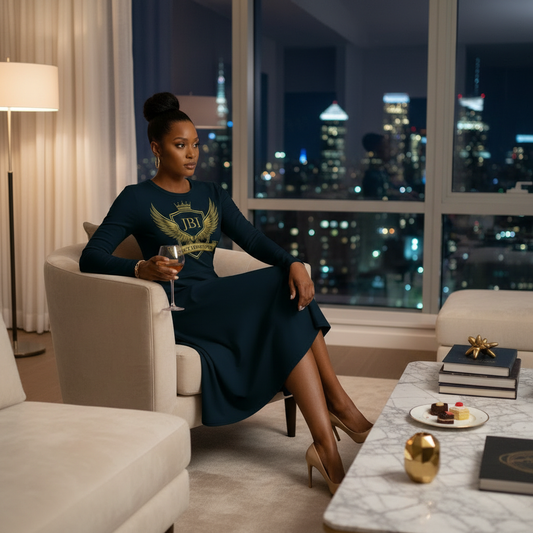 “Woman wearing navy JBI Wing Collection midi dress seated indoors in a modern evening setting.”