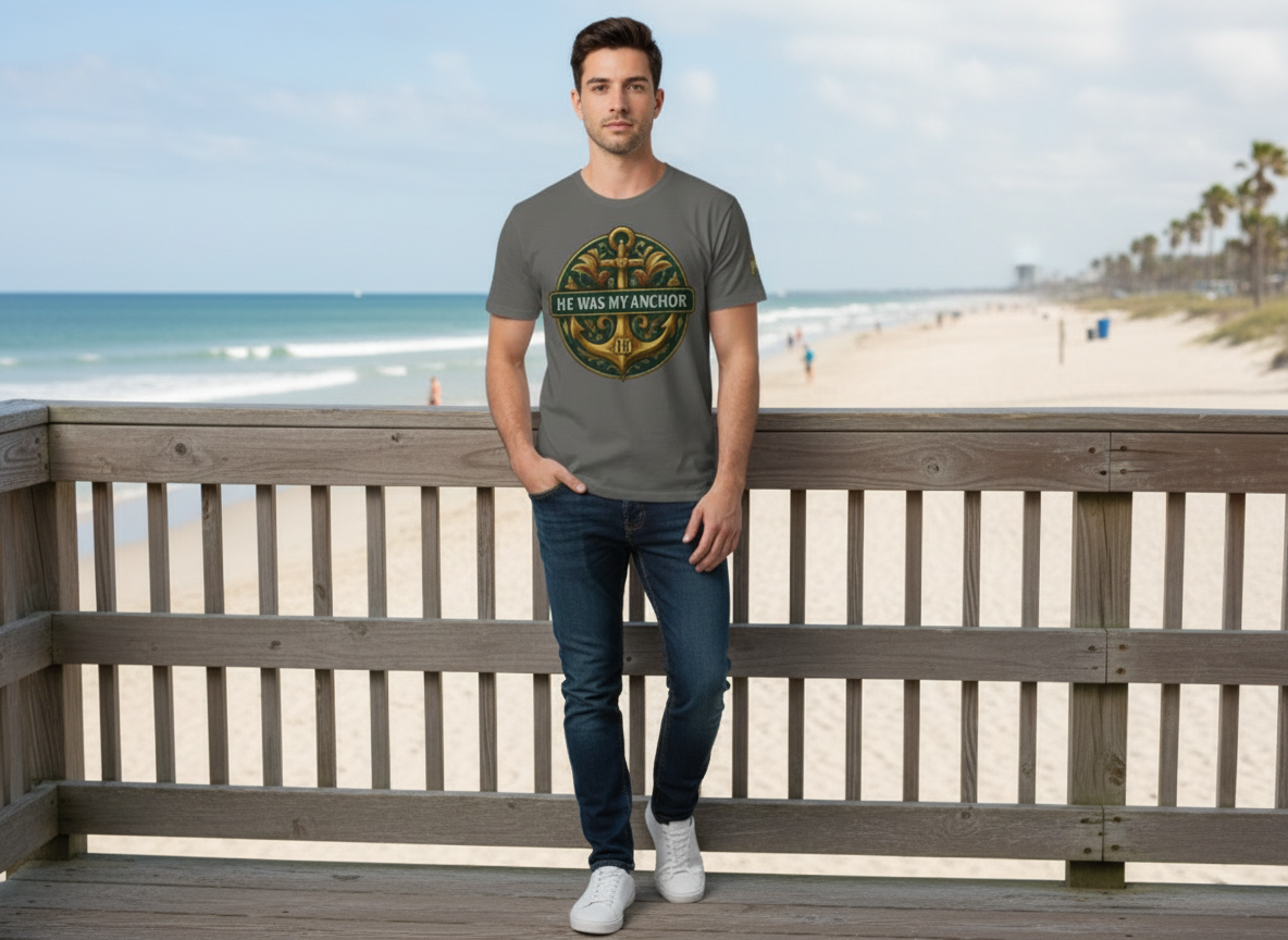 Lifestyle outdoor photo of man wearing He Was My Anchor T-shirt.