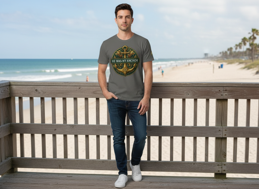 Lifestyle outdoor photo of man wearing He Was My Anchor T-shirt.