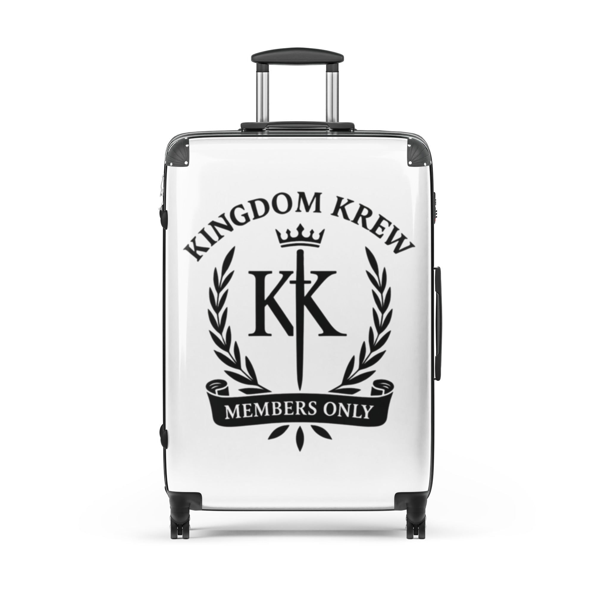 “Large white designer luggage with Kingdom Krew Members Only crest, including bold KK initials, crown, sword, and laurel wreath for a high-end statement piece.”