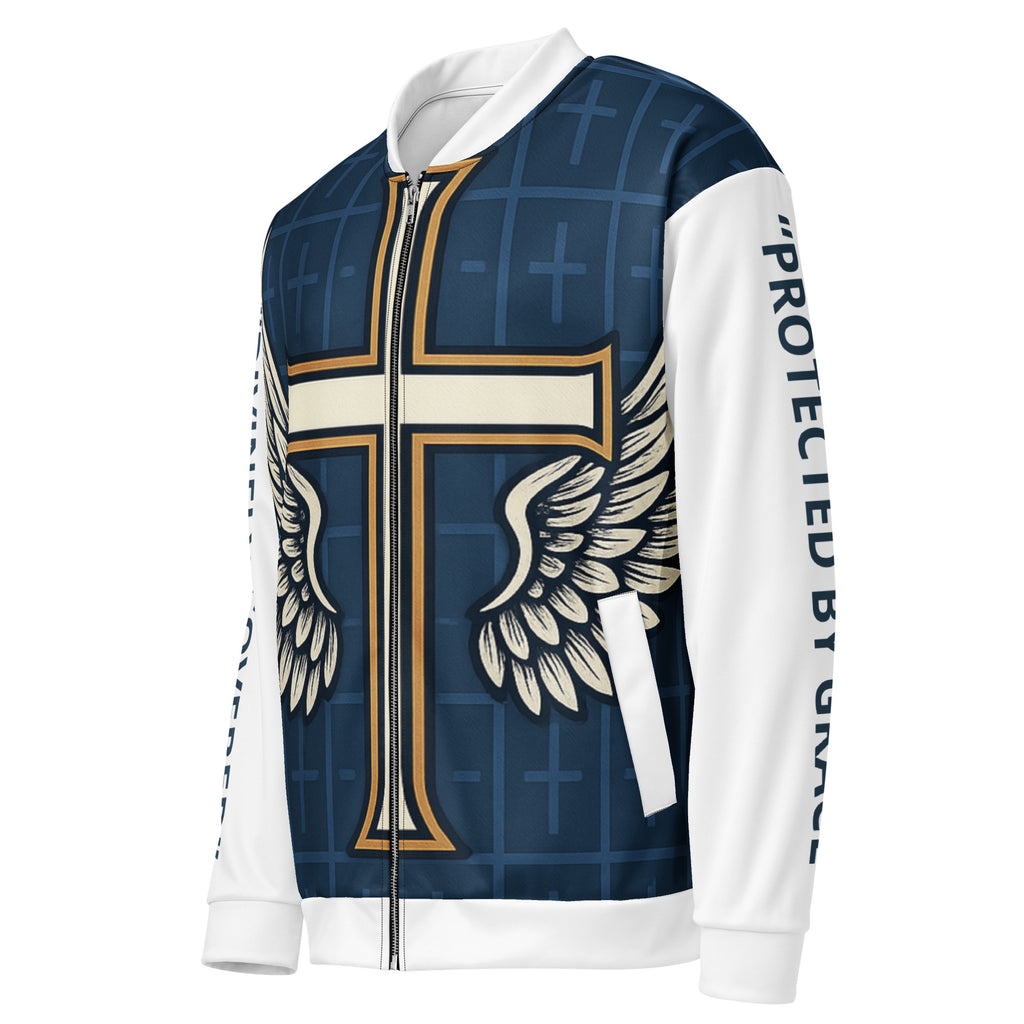 “Left side front view Luxury bomber jacket featuring a gold-outlined cross with angel wings on a navy background, white sleeves with ‘Protected by Grace’ vertical text.”