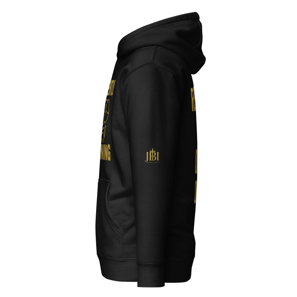 Left side view of black Silently Winning Hoodie, luxury unisex streetwear with faith-inspired design.