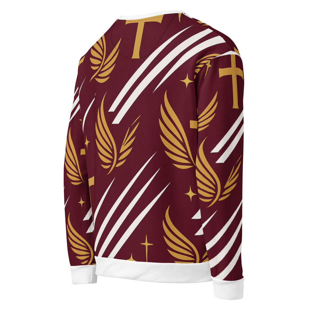 Left side view of maroon Royal Luxe Sweatshirt, luxury Christian streetwear blending comfort and inspirational style.