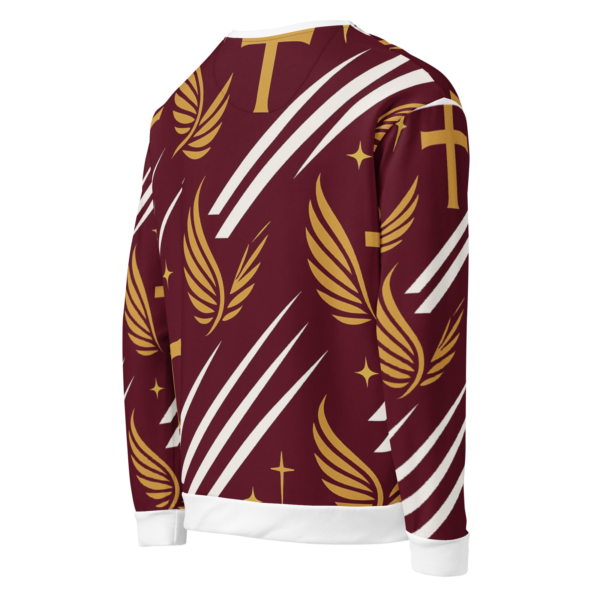 Left side view of maroon Royal Luxe Sweatshirt, luxury Christian streetwear blending comfort and inspirational style.