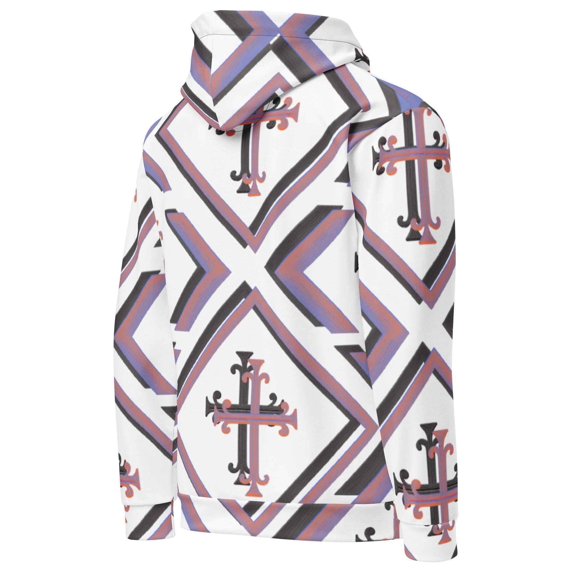 “Left side view of the Kingdom Luxe Cross Hoodie showing sleeve detail with all-over cross pattern, luxury faith-based streetwear by JBI Apparel.”