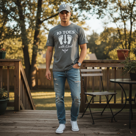 Outdoor lifestyle shot of model wearing grey 10 Toes Down tee on wooden deck.