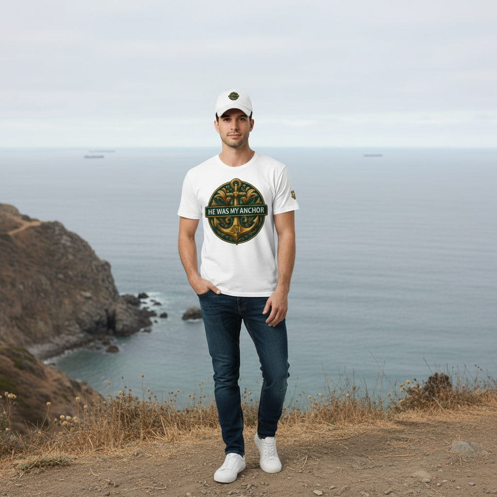 Model wearing white "Protected by Grace" dad hat outdoors.