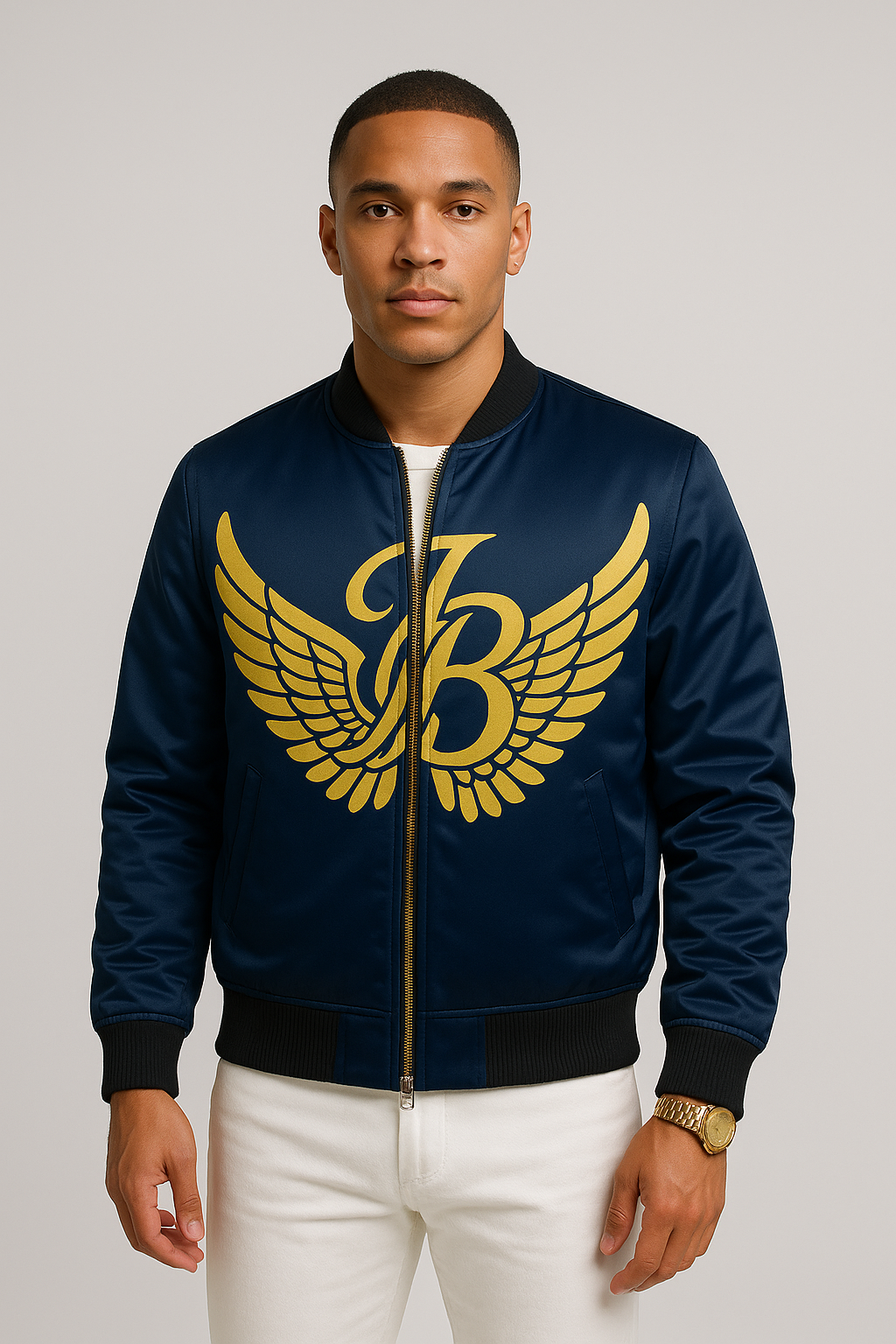 “Luxury bomber jacket in a sleek design, front view, featuring a clean silhouette with subtle detailing for a high-end fashion look.