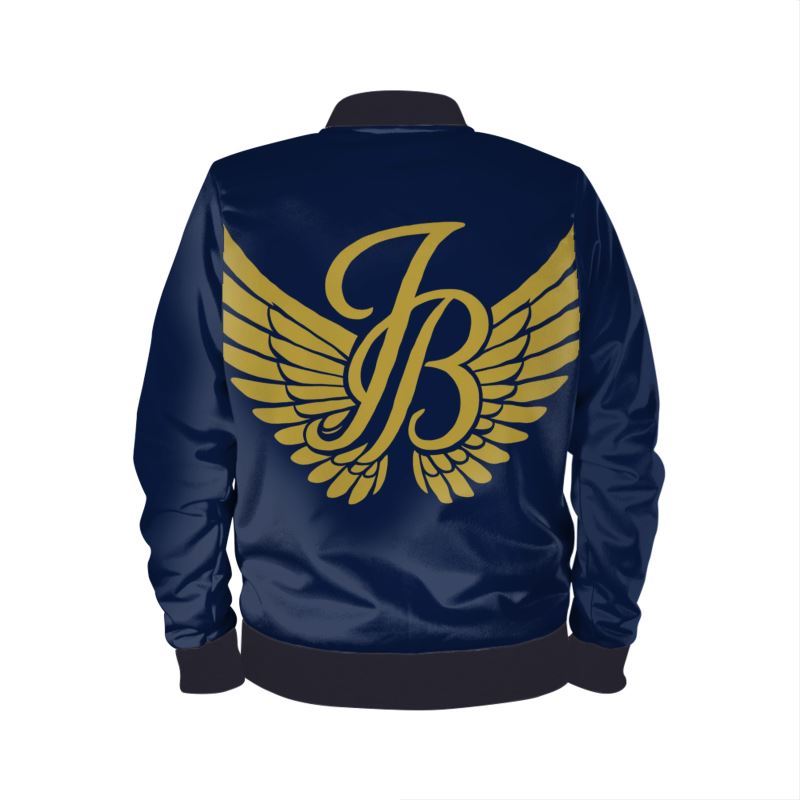 “Luxury bomber jacket in a sleek design, back view, showcasing the smooth fabric and tailored fit with minimalist styling.”