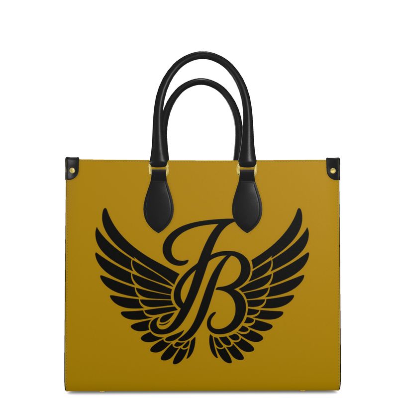 "Luxury mustard yellow shopper bag with structured black side panels and two black corner accents at the top, designed with a sleek, high-end business style."