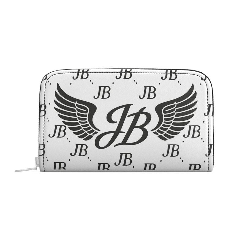 “Luxury white wallet featuring the JB monogram pattern with bold black wings design, high-end fashion accessory with modern and exclusive branding.”